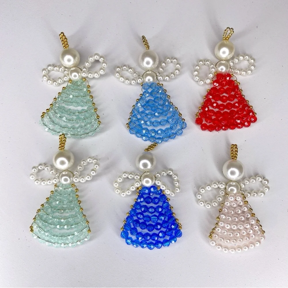 Vintage Lot Of 6 Angels Christmas Ornaments Plastic Beaded Handcrafted